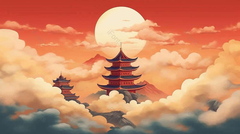 祥云环绕青塔手绘国潮风背景图,插画/手绘图,插画/手绘图库,插画/手绘图下载,插画/手绘
